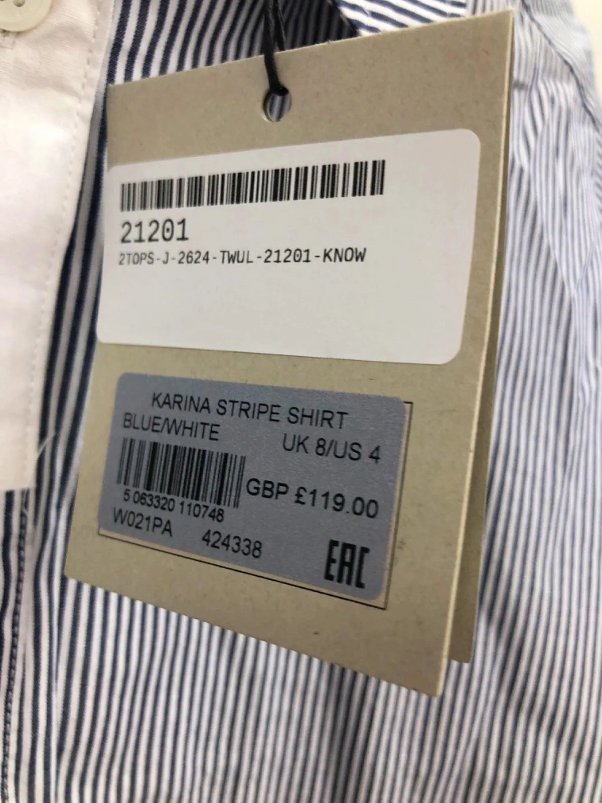 All Saints Blue/White Karina Stripe Shirt UK 8