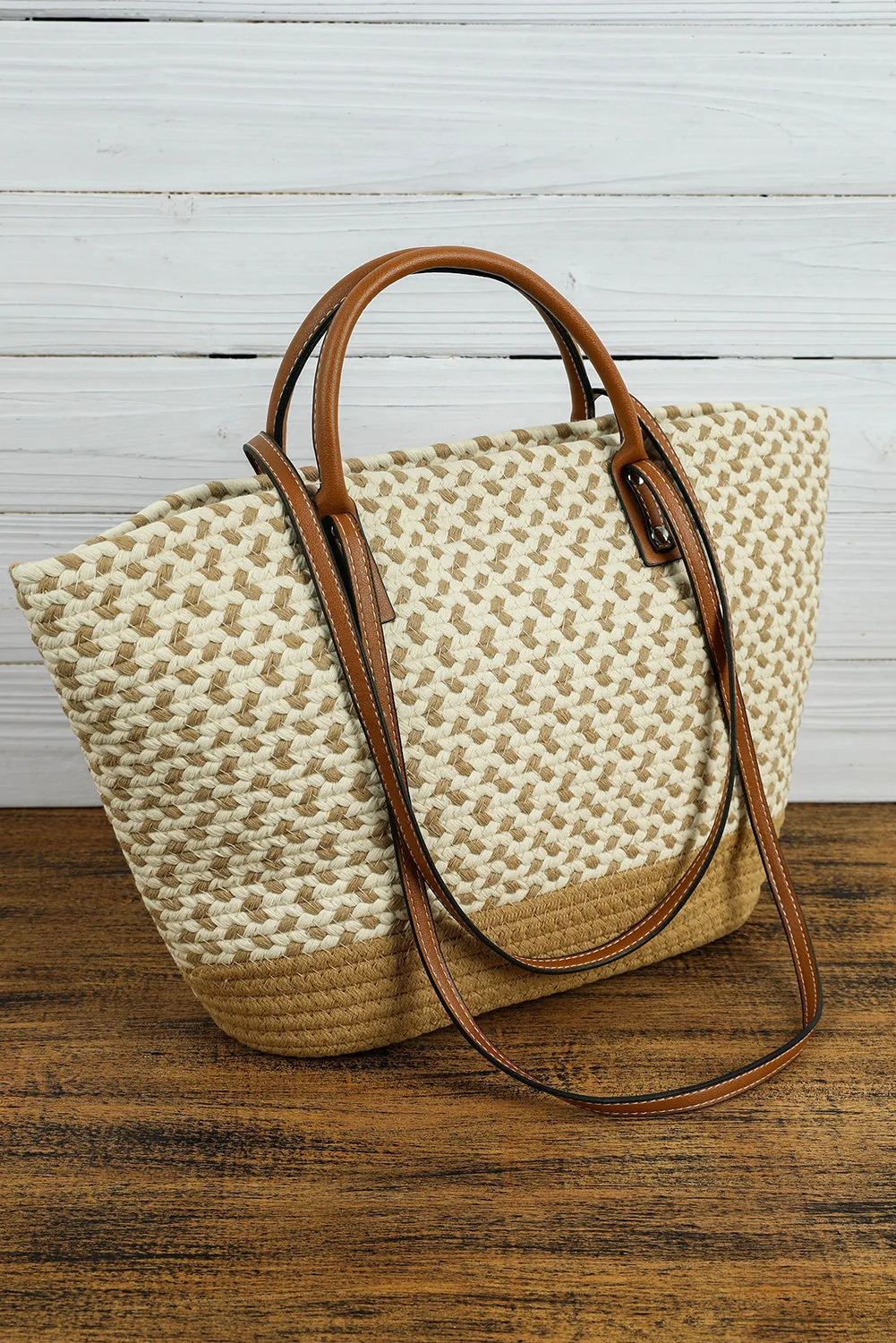 Beige Contrast Woven Leather Handle Single Shoulder Bag