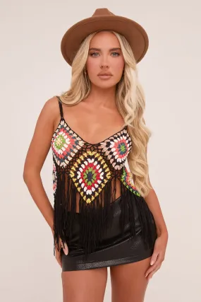 Black Multi Crochet Tassel Hem Crop Top - Anastasia