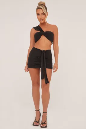 Black One Shoulder Cropped Top & Ruched Mini skirt Co-ord Set - Dahlia