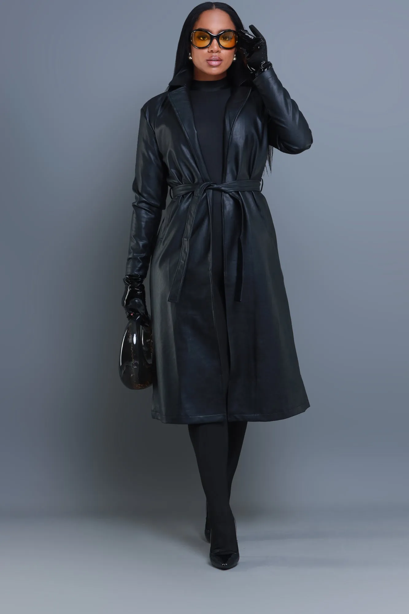 Blind Date Faux Leather Trenchcoat - Black