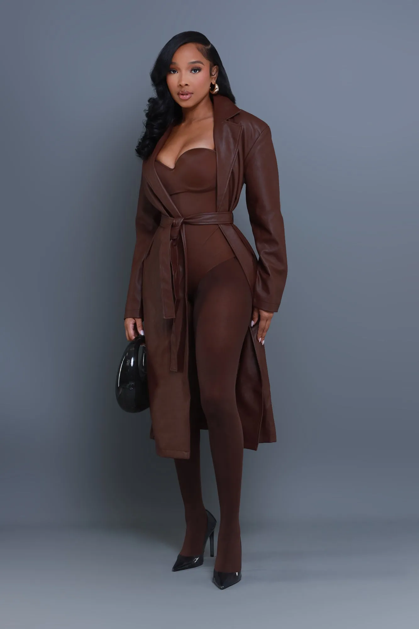 Blind Date Faux Leather Trenchcoat - Brown