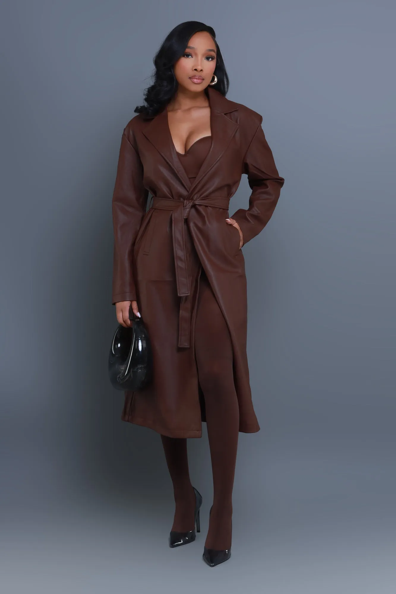 Blind Date Faux Leather Trenchcoat - Brown