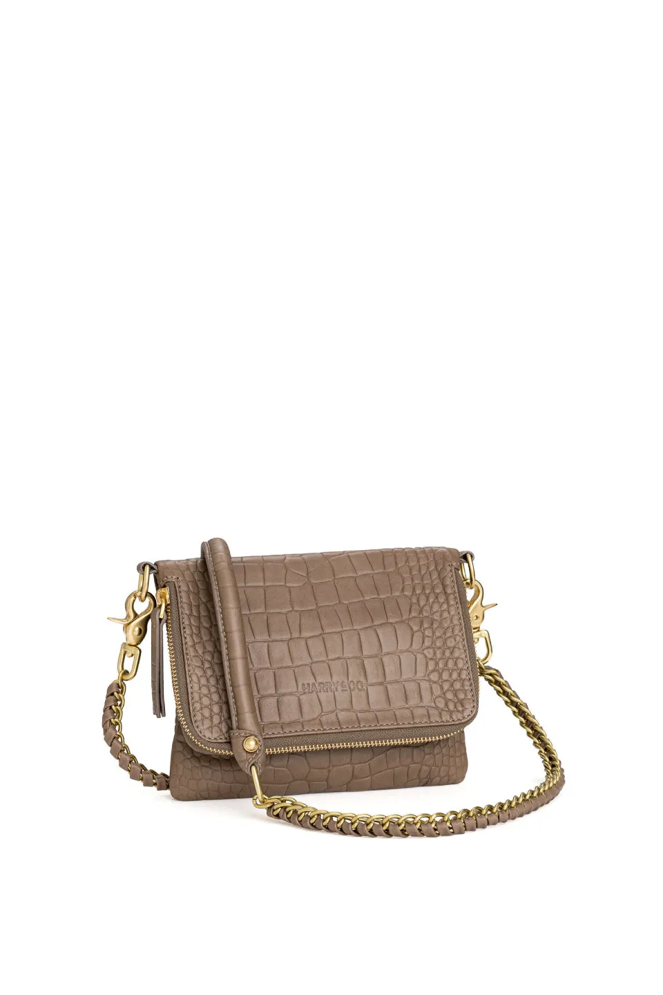 Bobi Leather Fold Over Fawn Croc Emboss Clutch with Gold Chain