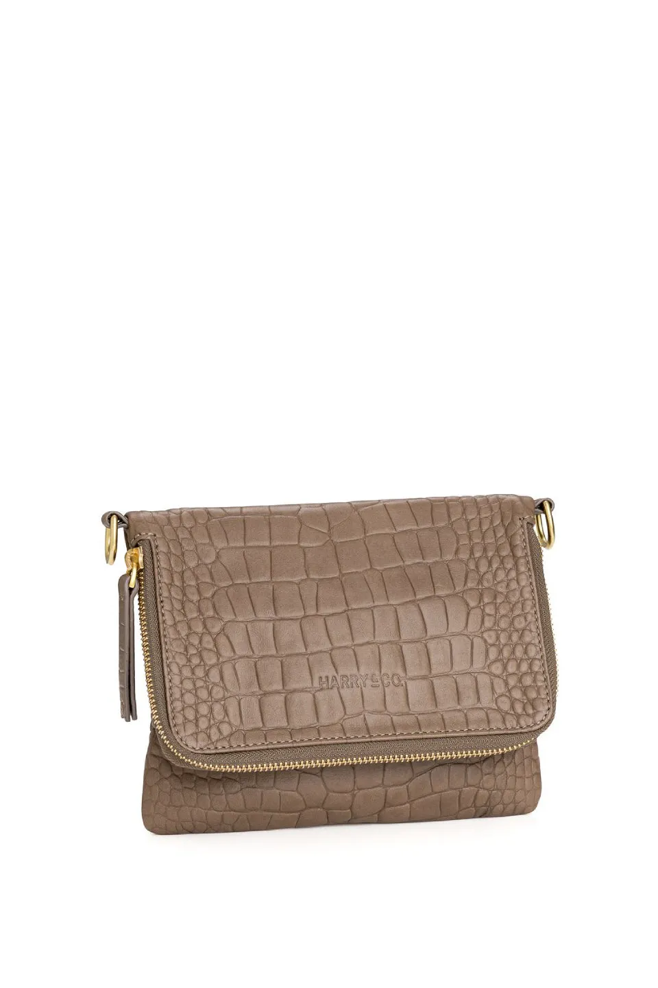 Bobi Leather Fold Over Fawn Croc Emboss Clutch with Gold Chain