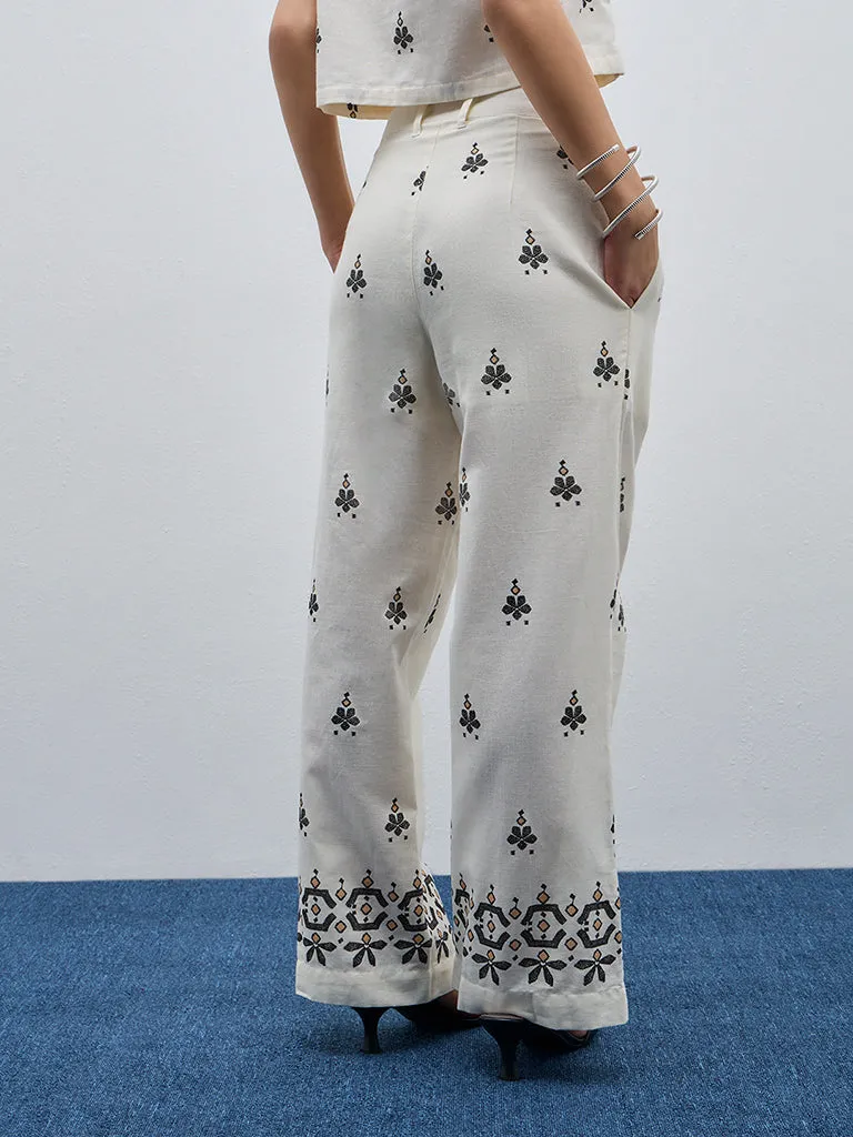 Bombay Paisley Off-White Print High-Rise Cotton Blend Pants