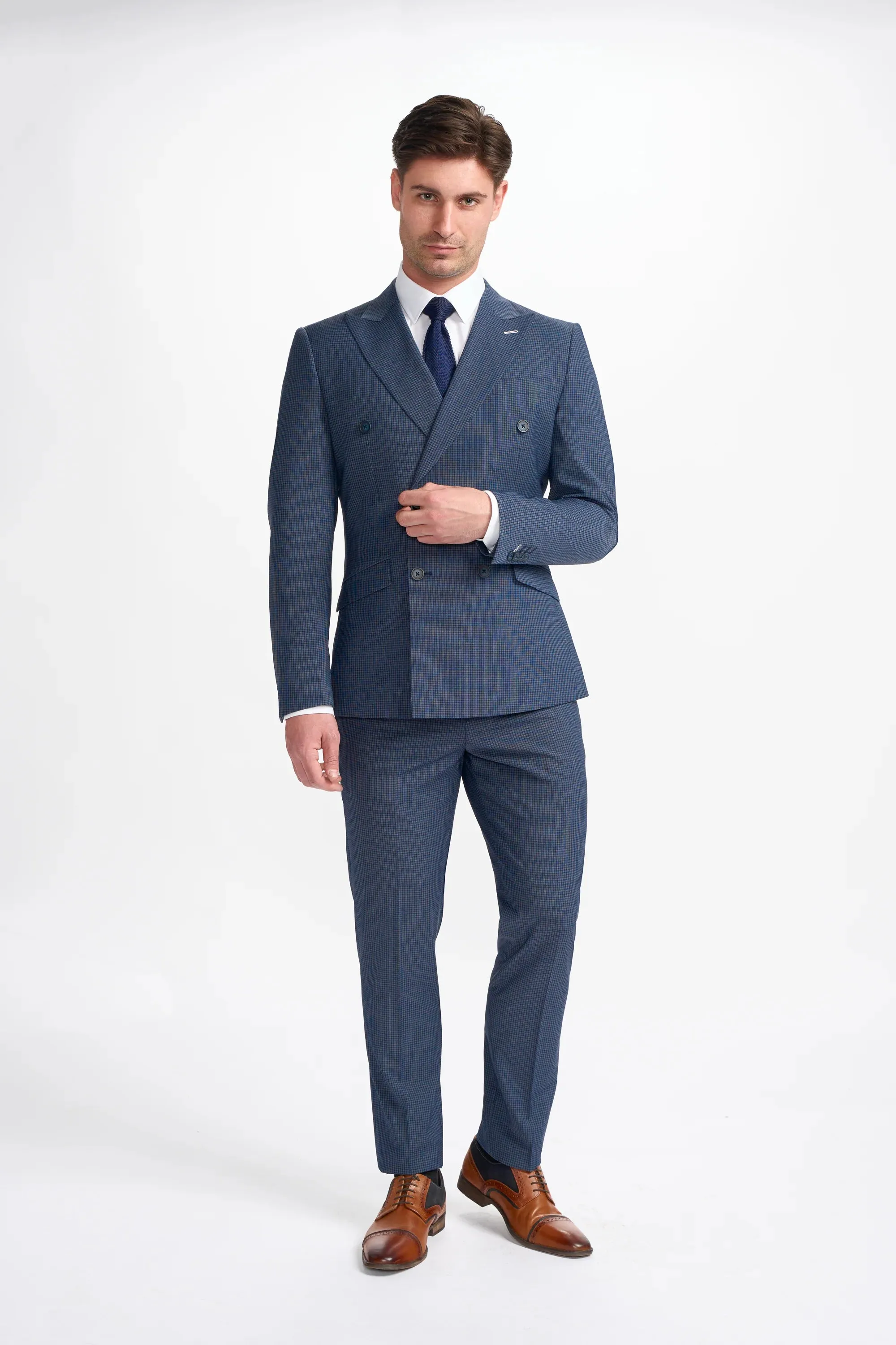 Bond - Men's Navy Check 2 Piece Double Breasted Suit