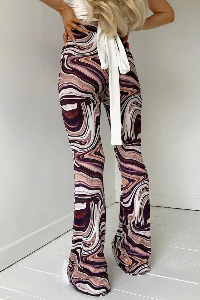 Brown Marble Print Ribbed Flare Trousers - Davia