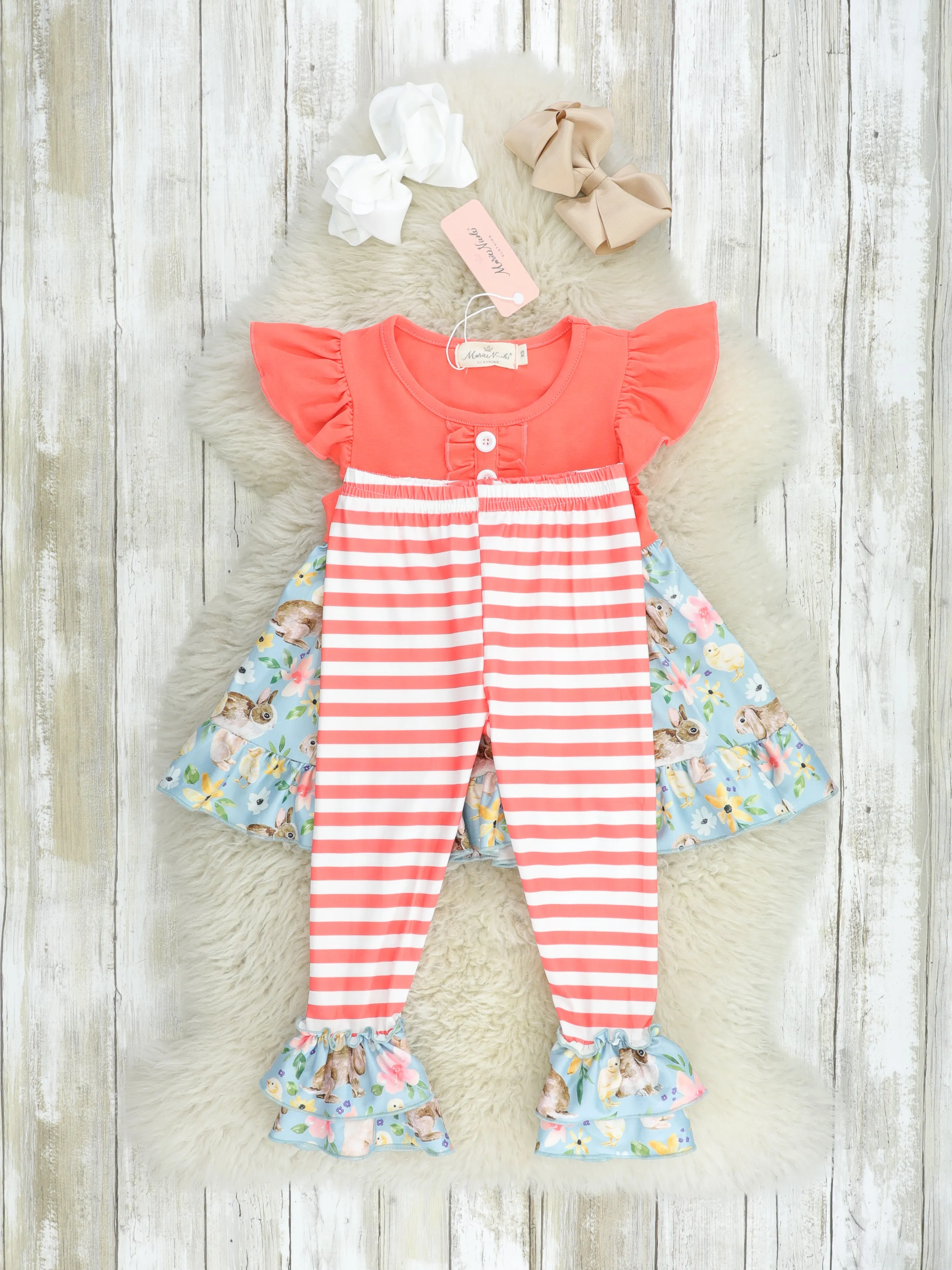 Coral Floral Bunny Ruffle Outfit