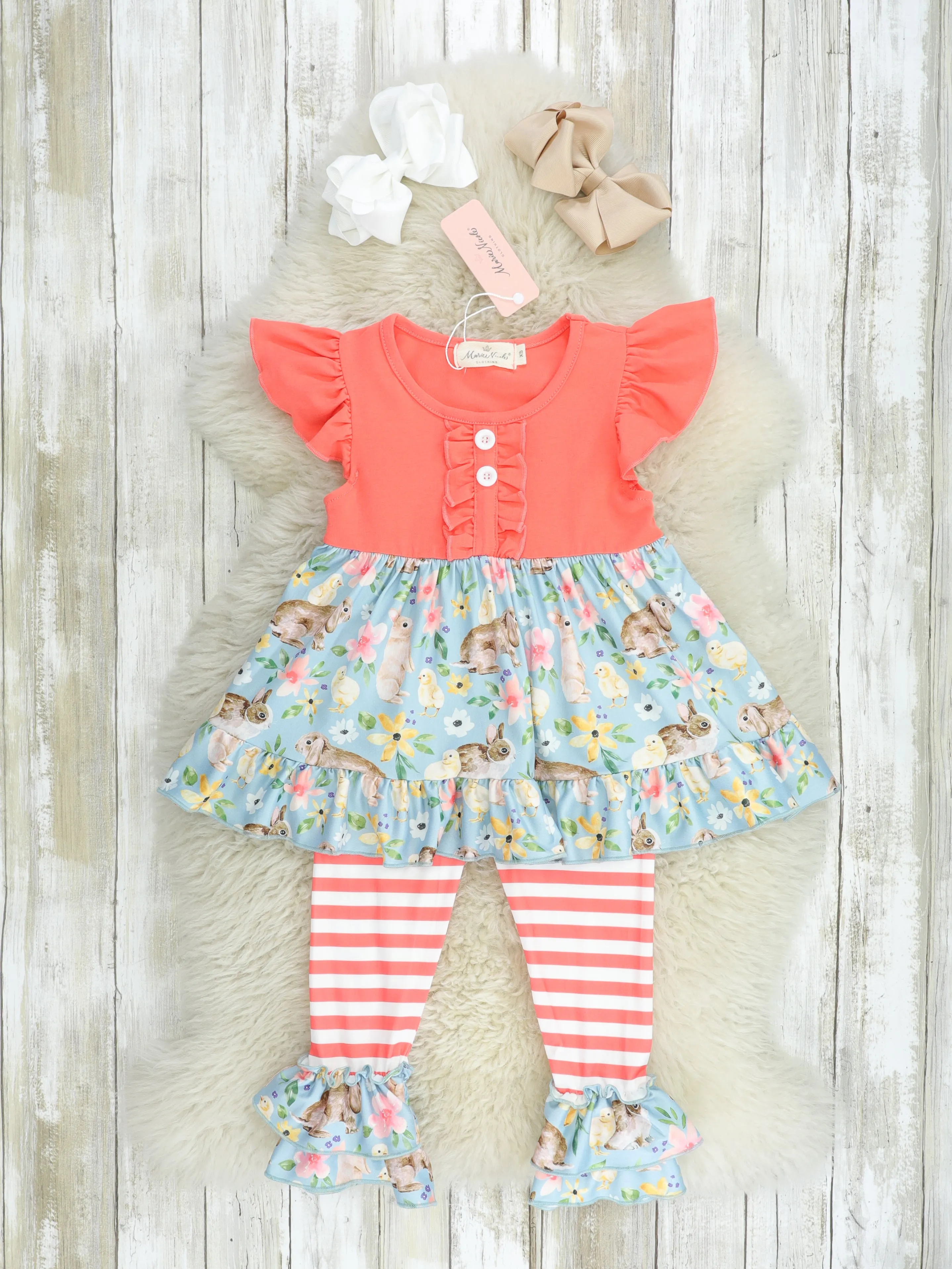 Coral Floral Bunny Ruffle Outfit