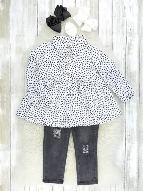 Dalmatian Polo Peplum Top & Black Denim Outfit