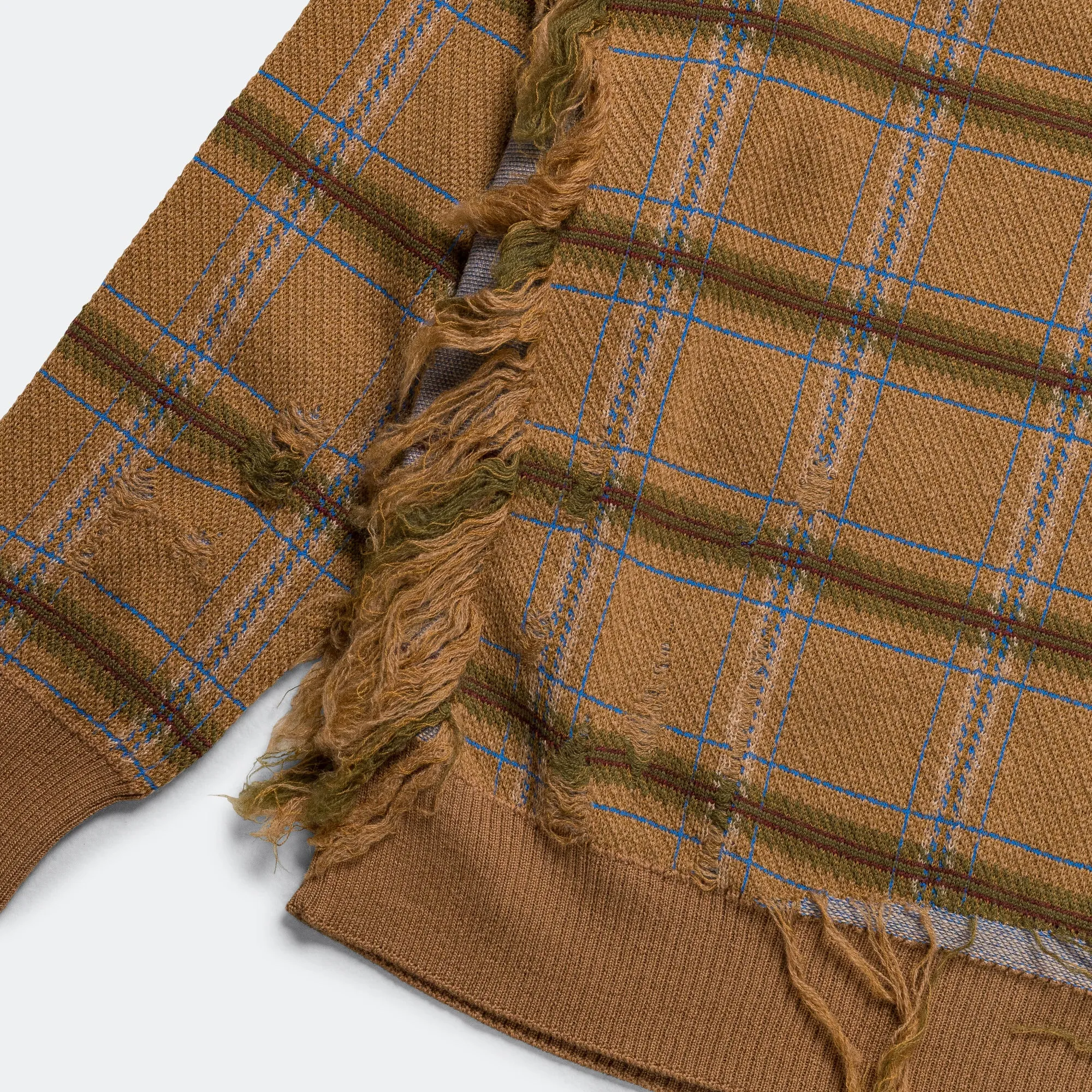 Distressed Check Knit Crew - Camel/Blue