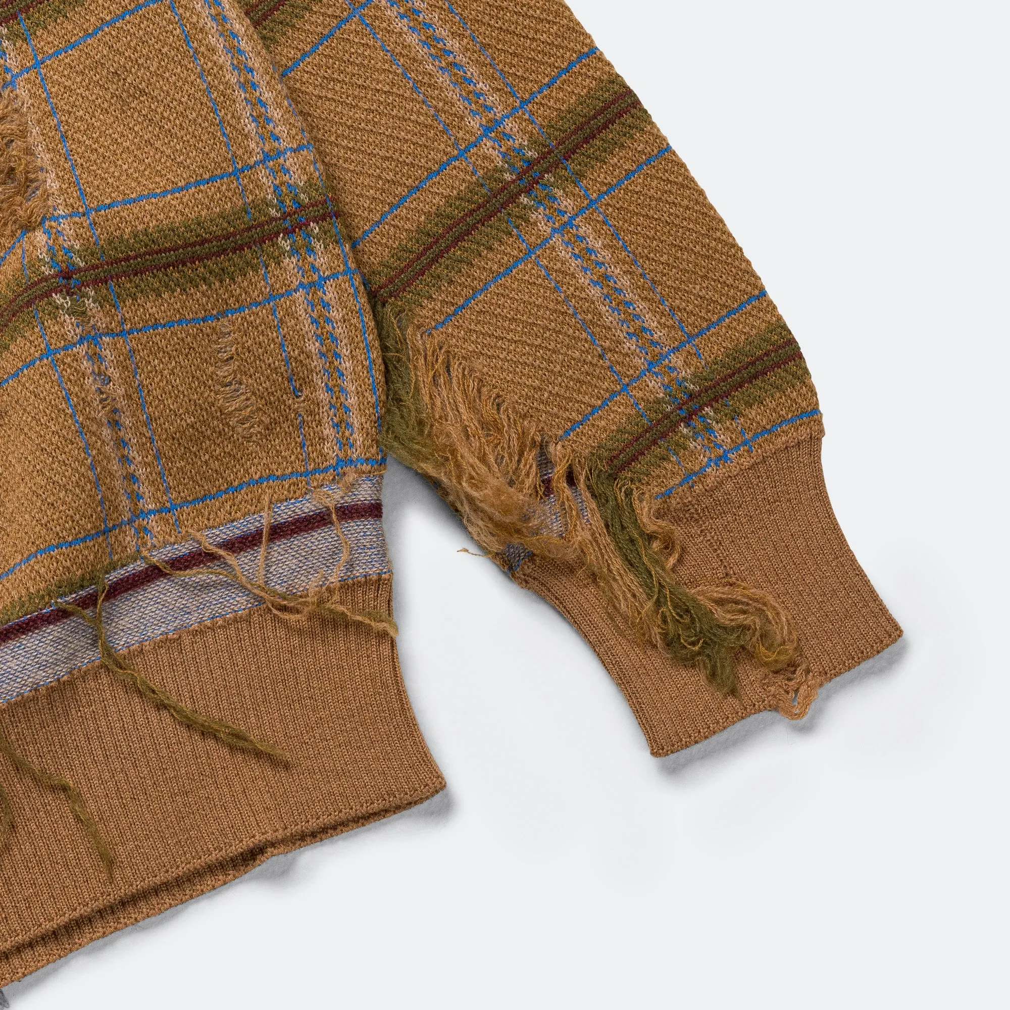 Distressed Check Knit Crew - Camel/Blue