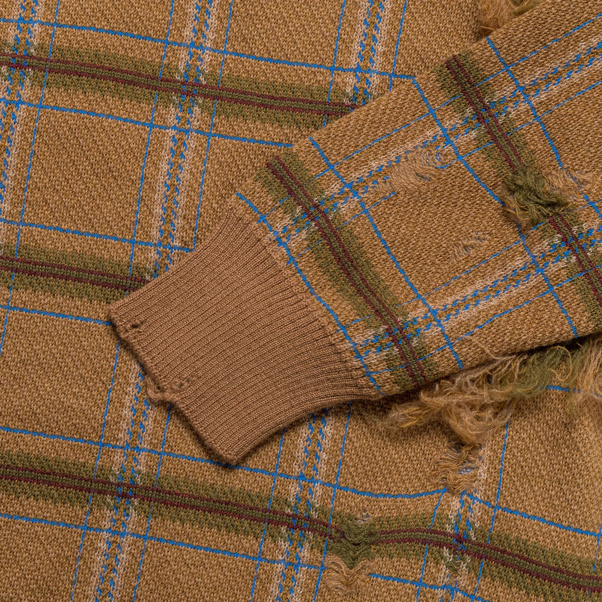 Distressed Check Knit Crew - Camel/Blue