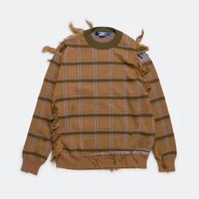 Distressed Check Knit Crew - Camel/Blue