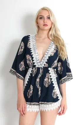 Emmy Navy Paisley Print Crochet Playsuit