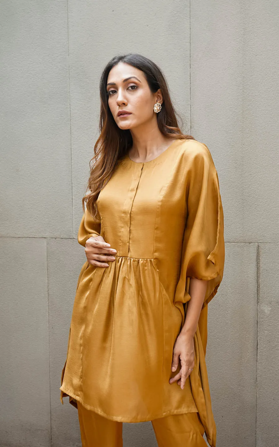 Gold Silk Blend Kaftan Gathered Co-Ord Set