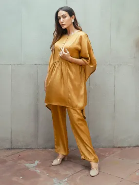 Gold Silk Blend Kaftan Gathered Co-Ord Set