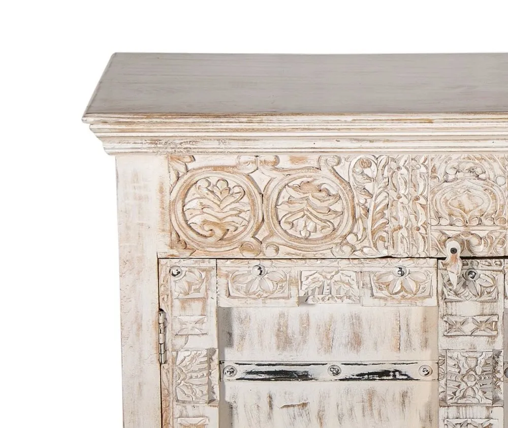 Hand Carved Wooden Cabinet in Distressed White