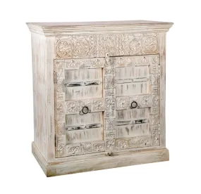 Hand Carved Wooden Cabinet in Distressed White