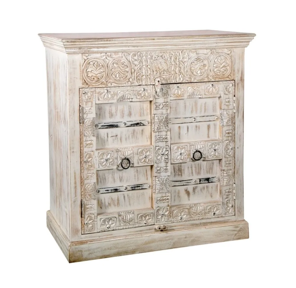 Hand Carved Wooden Cabinet in Distressed White