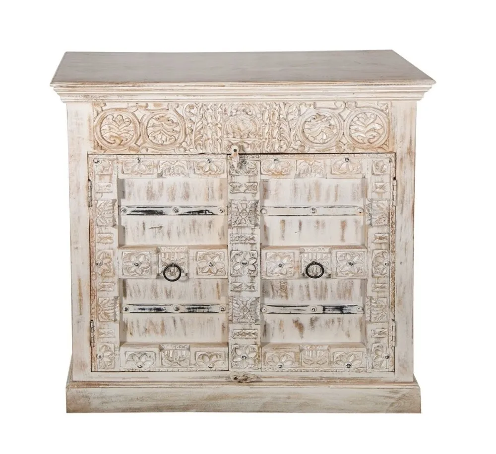 Hand Carved Wooden Cabinet in Distressed White