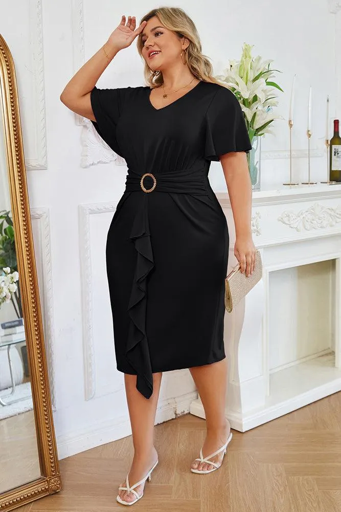 HN Women Plus Size Ruched Waist Party Dress Short Sleeve V-Neck Back Slit Dress