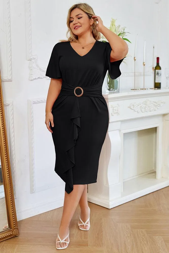 HN Women Plus Size Ruched Waist Party Dress Short Sleeve V-Neck Back Slit Dress