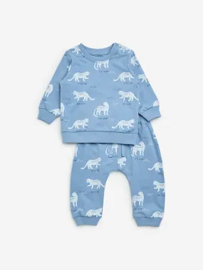 HOP Baby Blue Animal Printed Cotton T-Shirt and Pants Set