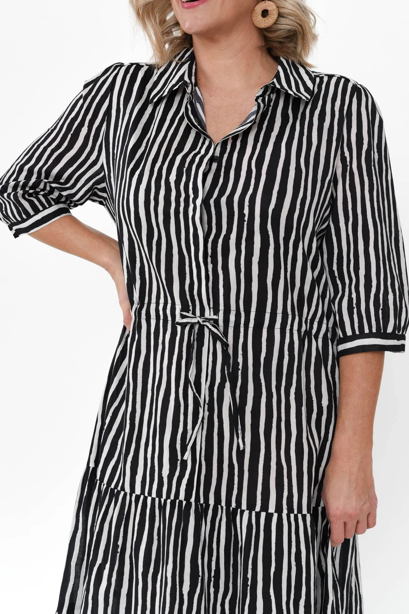 Ilaria Black Stripe Cotton Tie Dress