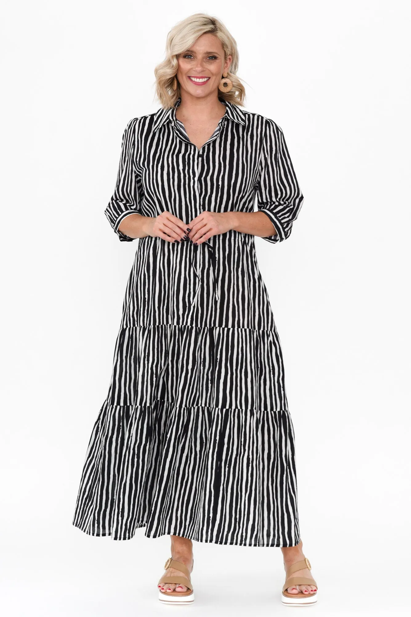 Ilaria Black Stripe Cotton Tie Dress