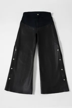 LEATHER AND HANDWOVEN DENIM TROUSERS