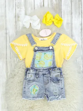 Lemon Distressed Denim Overalls Set