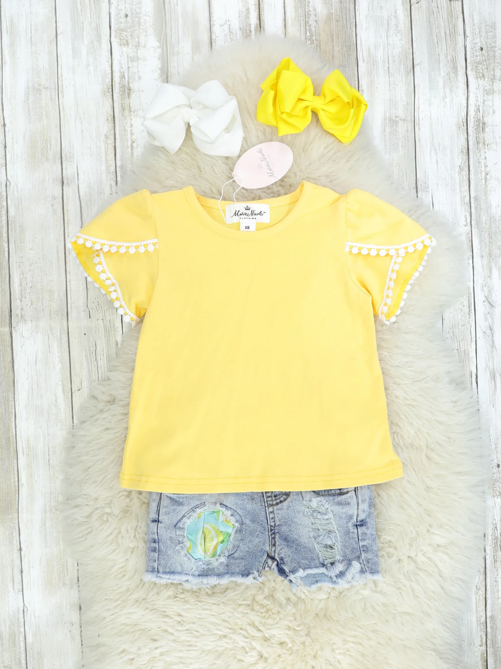 Lemon Distressed Denim Overalls Set