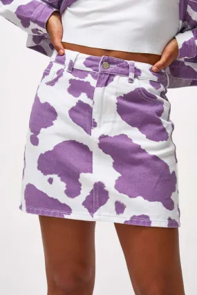 Lilac Cow Print Denim Mini Skirt