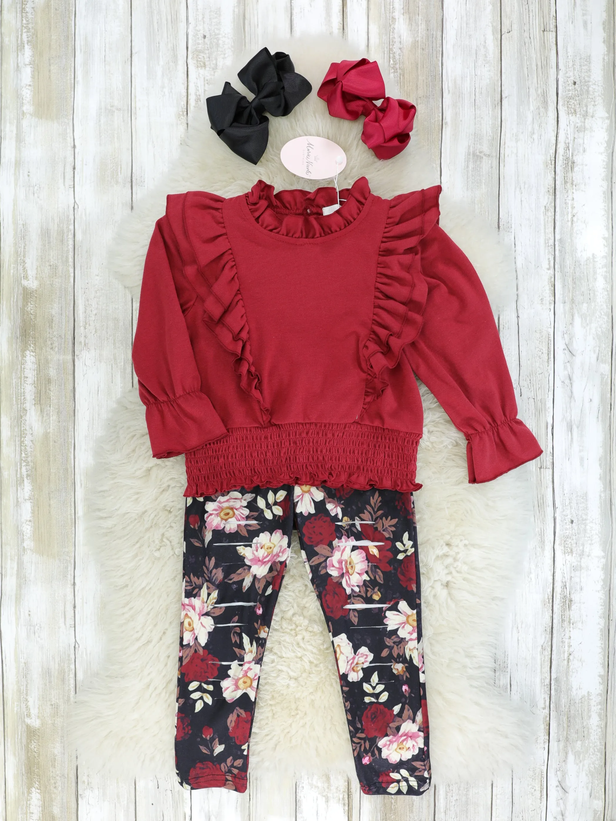 Maroon Smocked Ruffle Long Sleeve & Floral Bottoms Outfit