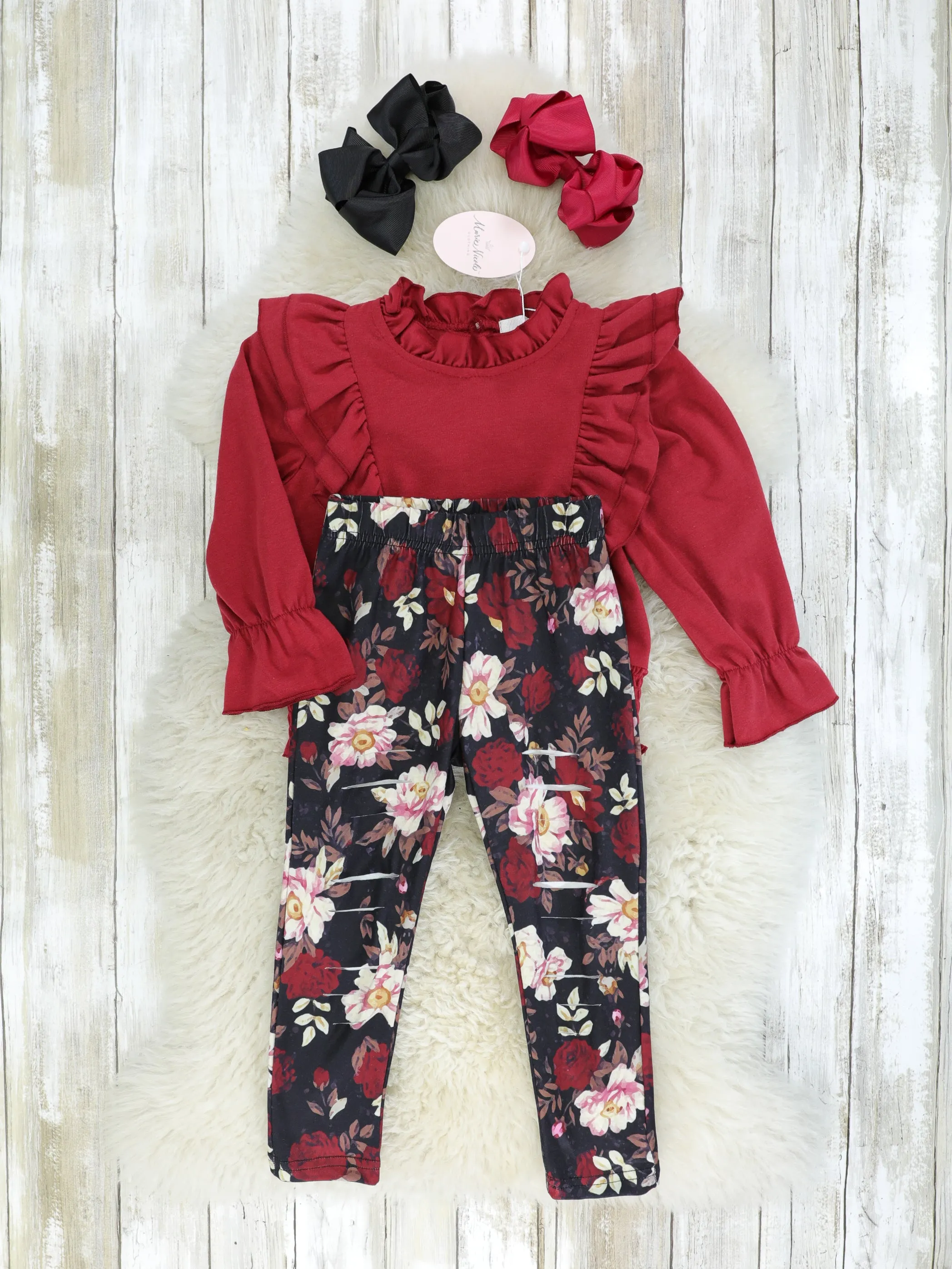 Maroon Smocked Ruffle Long Sleeve & Floral Bottoms Outfit