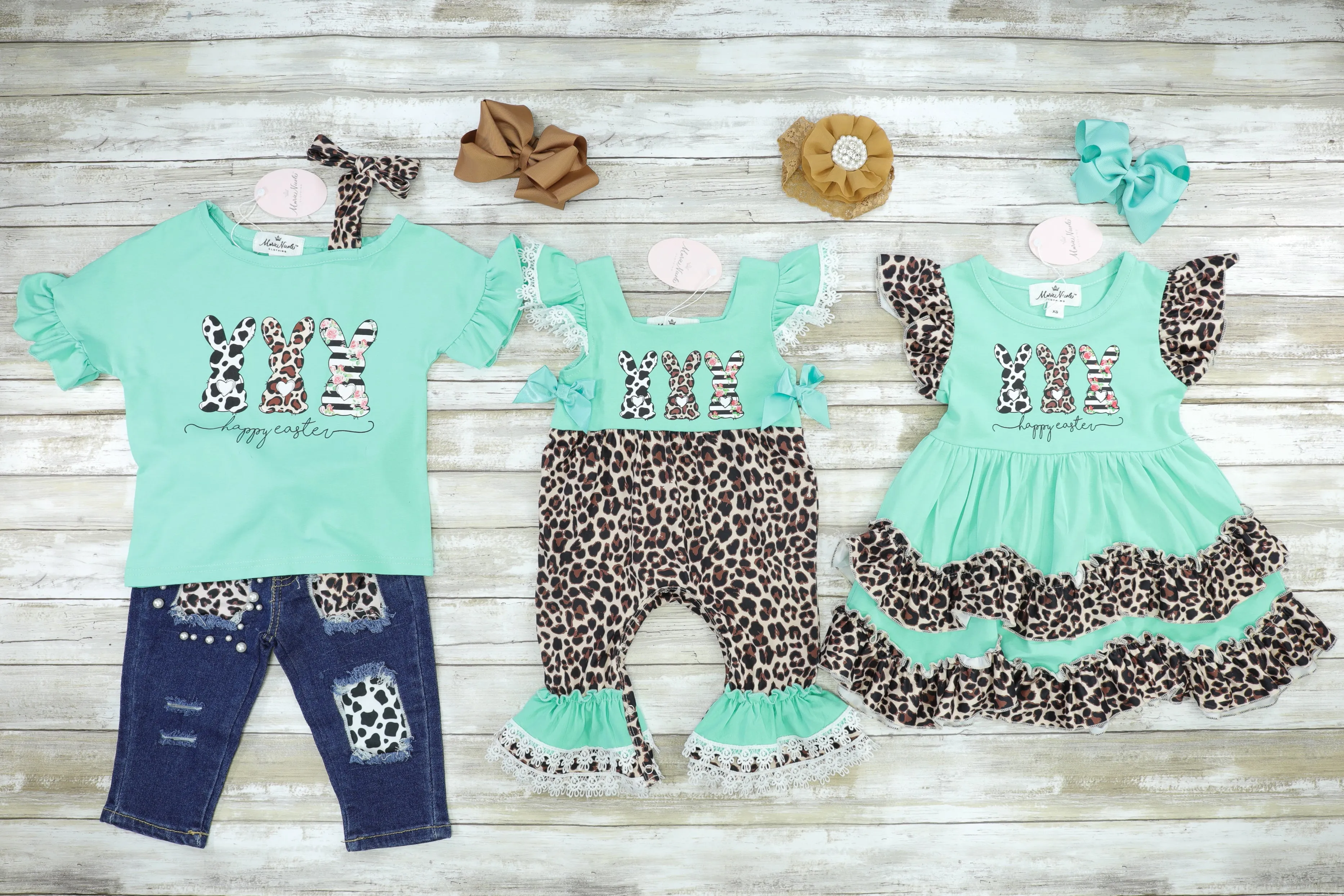 Mint Leopard Bunnies Ruffle Denim Outfit