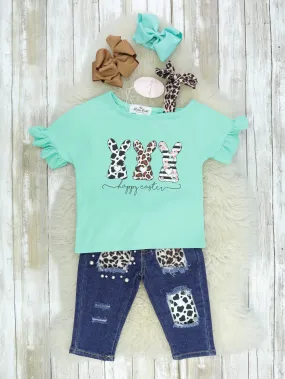 Mint Leopard Bunnies Ruffle Denim Outfit