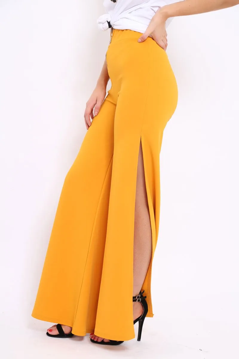 Mustard Zip Front High Waisted Flare Trousers - Gerta