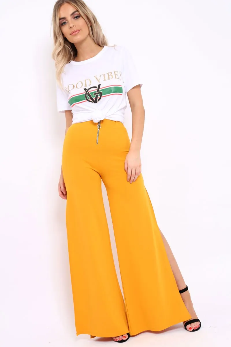 Mustard Zip Front High Waisted Flare Trousers - Gerta