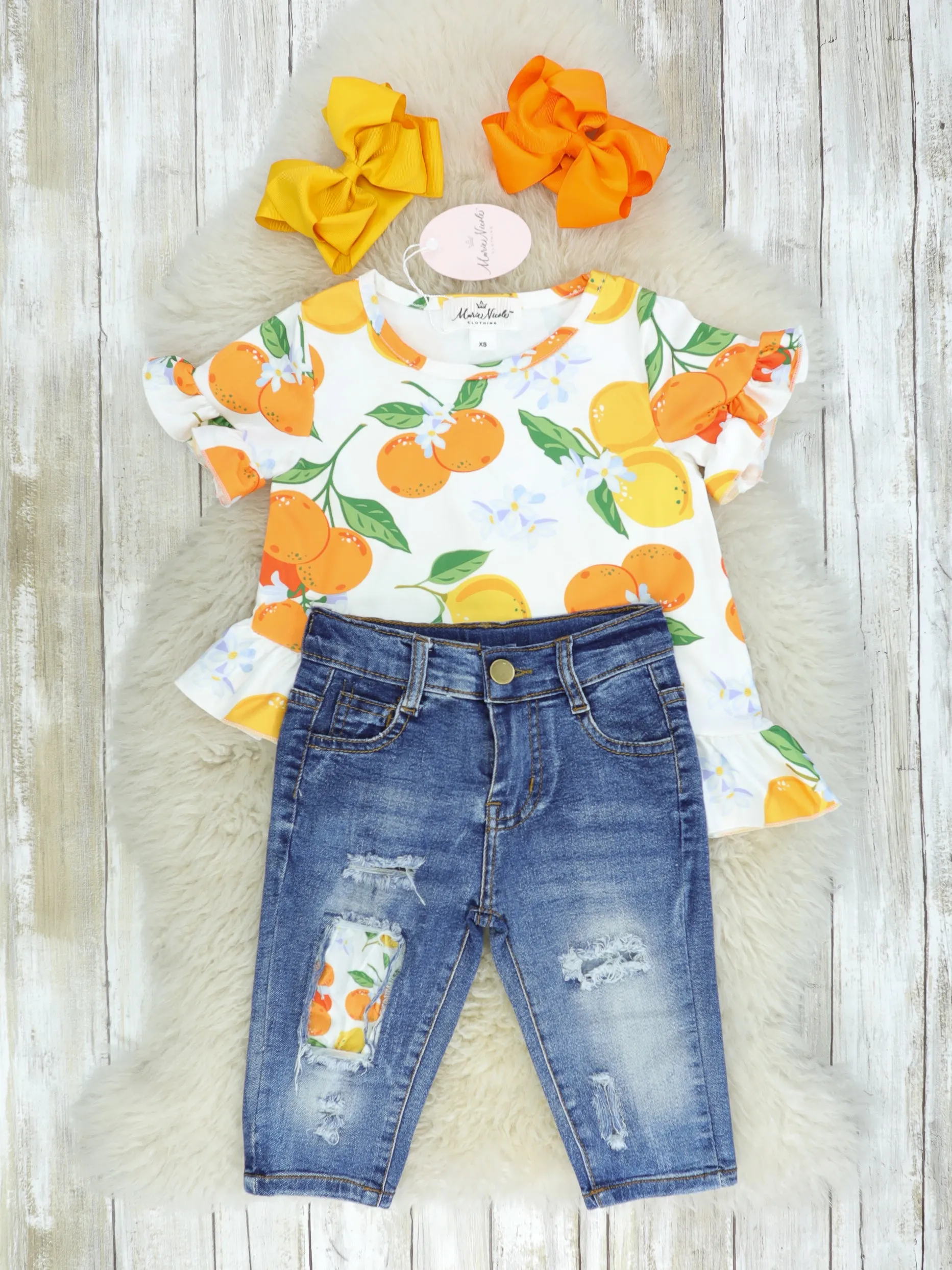 Nectarines Ruffle Top & Denim Capris Outfit