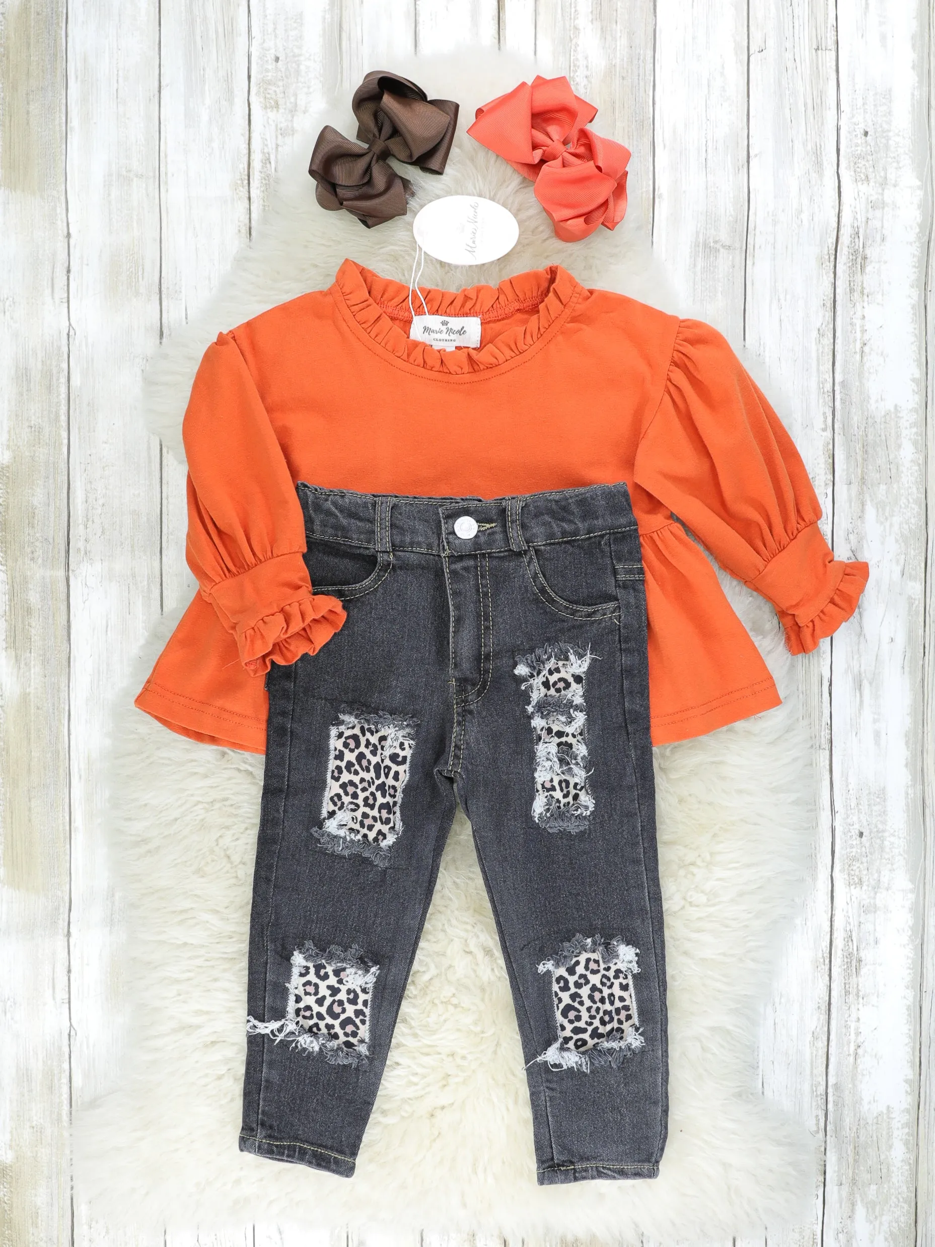 Orange Ruffle Peplum Top & Distressed Leopard Denim Outfit