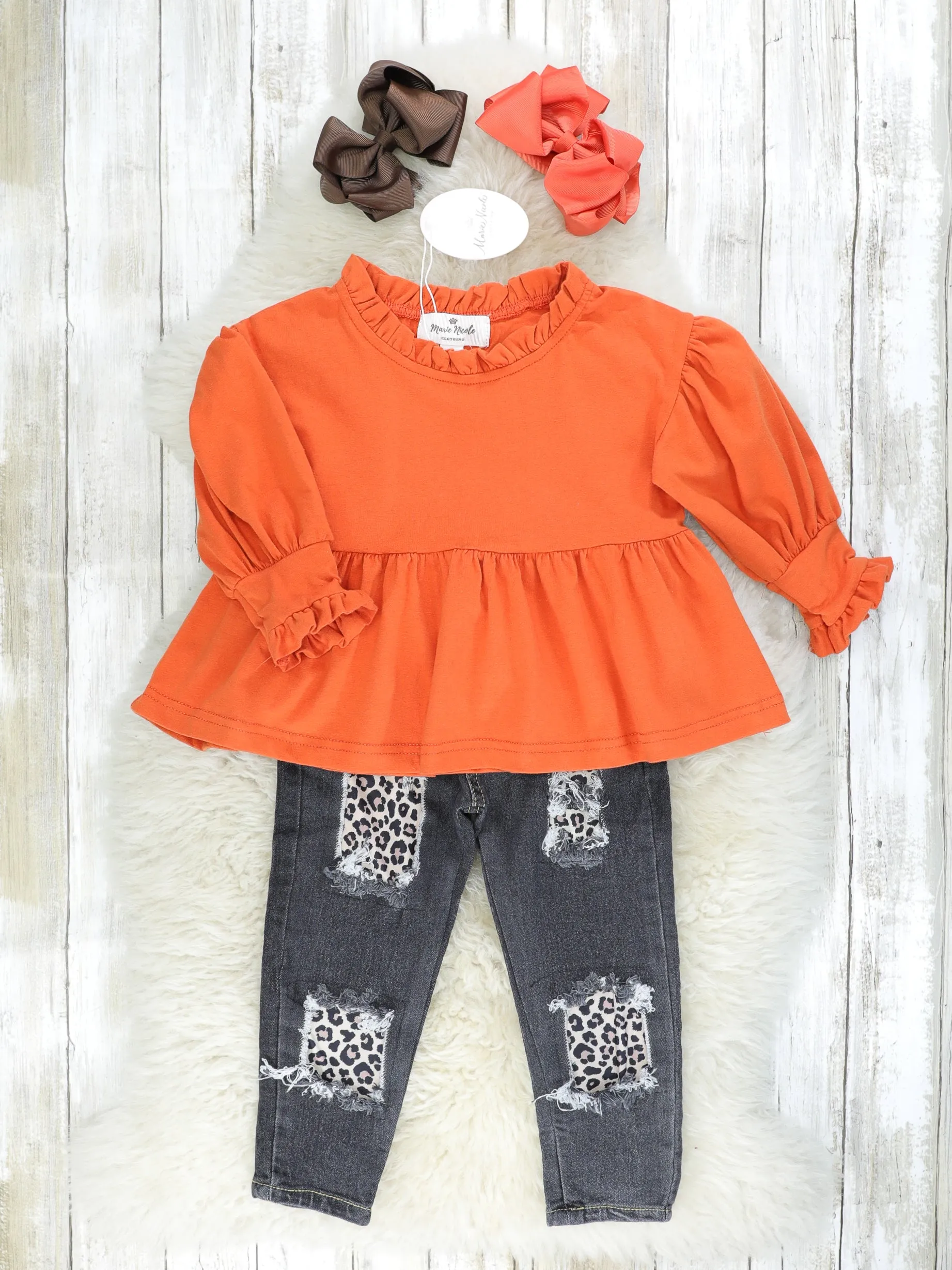 Orange Ruffle Peplum Top & Distressed Leopard Denim Outfit