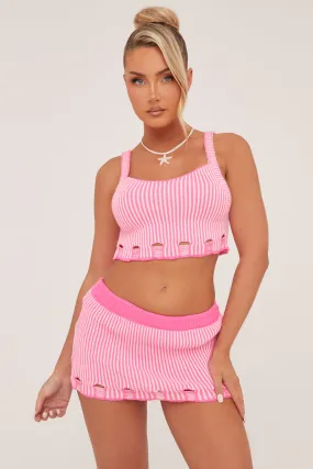 Pink Knit Laddering Effect Cropped Top & Mini Skirt Co-ord Set - Amelia