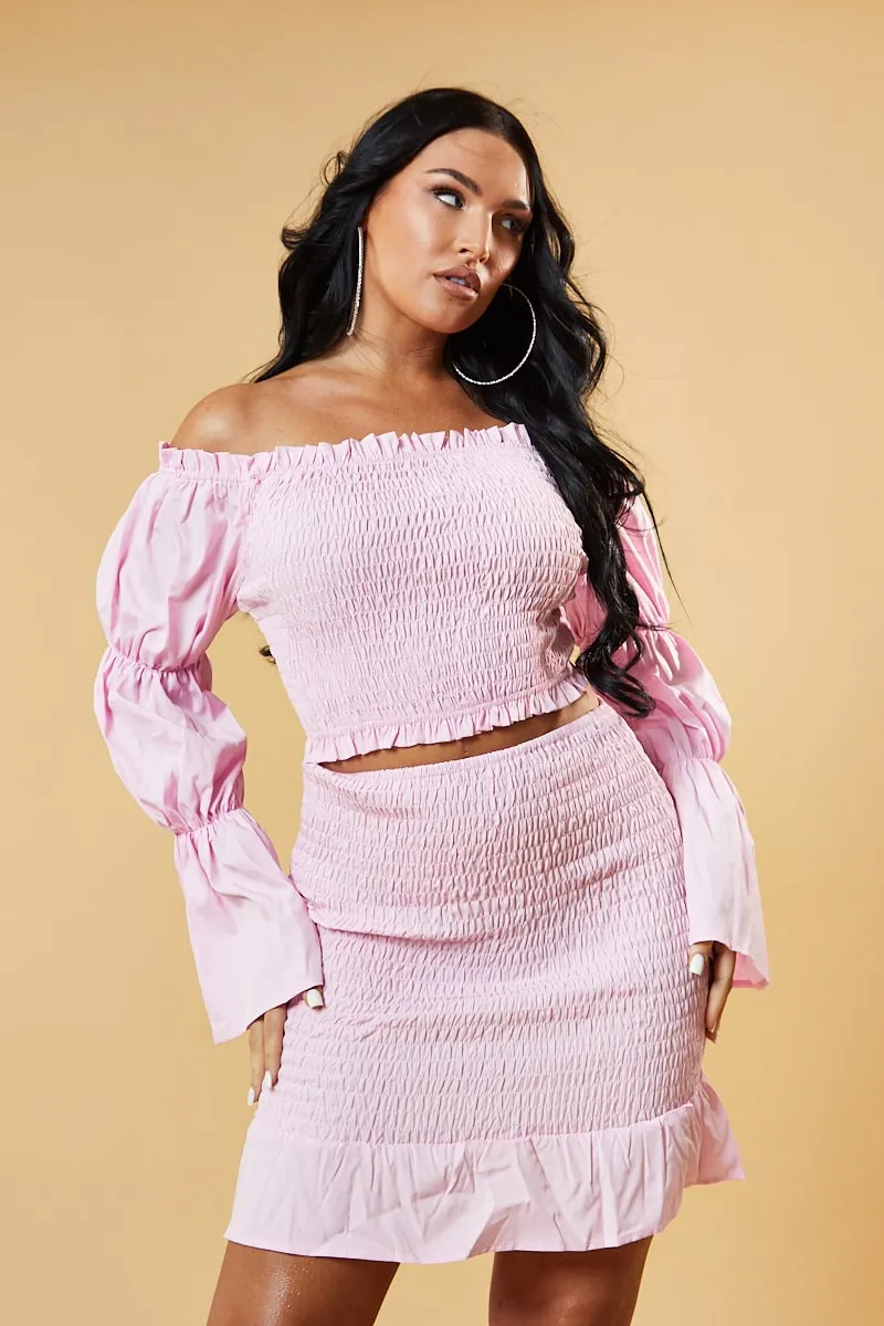 Pink Shirring Detail Bardot Top & Mini Skirt Co-ord Set - Connie