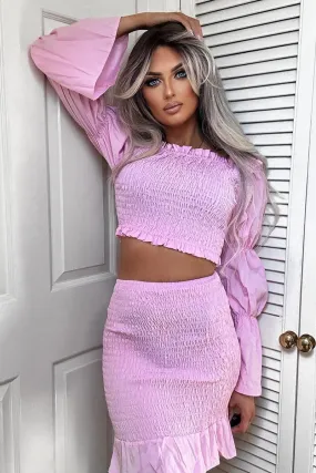 Pink Shirring Detail Bardot Top & Mini Skirt Co-ord Set - Connie