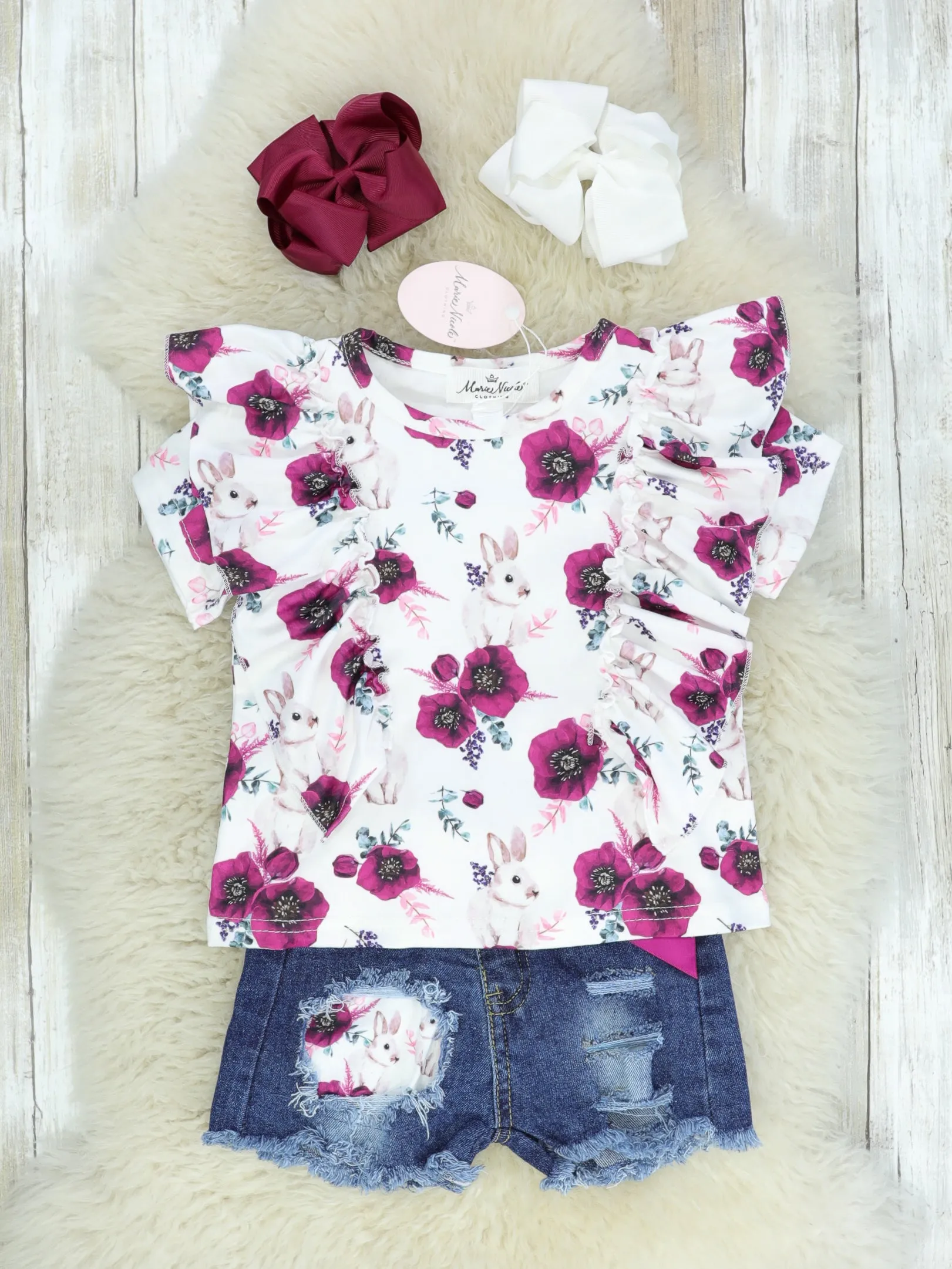 Plum Floral Bunny Ruffle Top & Distressed Denim Shorts