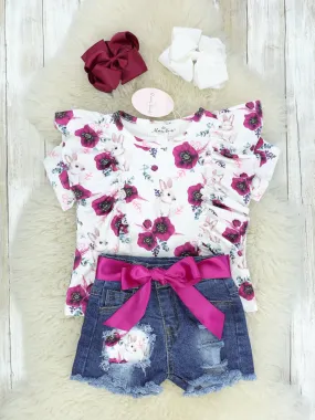 Plum Floral Bunny Ruffle Top & Distressed Denim Shorts