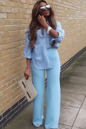 Powder Blue High Waist Flare Trousers -Tisha